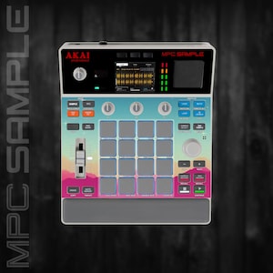 May include: An AKAI MPC Sample music production centre with a colourful design. The device features a screen, buttons, pads, and sliders. The text "MPC SAMPLE" is visible on the top of the device.