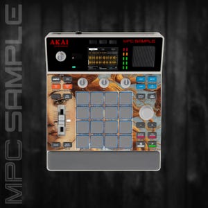 Peut inclure: Un appareil de production musicale Akai MPC Sample blanc et gris. L'appareil comporte un écran, des boutons et des pads. La face de l'appareil présente un motif de peinture Renaissance. Le texte "MPC SAMPLE" est affiché en haut.