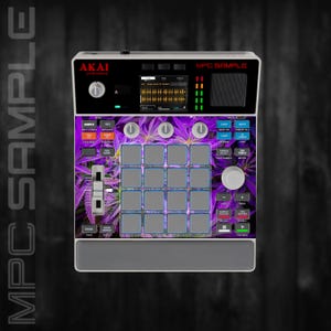 Peut inclure: Un centre de production musicale Akai MPC Sample avec un motif de feuilles de cannabis violettes. L'appareil a un panneau supérieur noir avec un écran et des boutons, et une grille de 16 pads gris. Le texte "MPC SAMPLE" est visible.