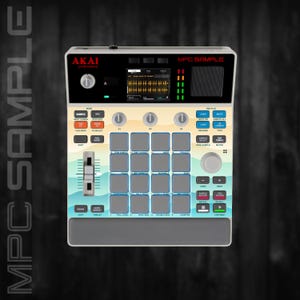 Peut inclure: Un appareil de production musicale Akai MPC Sample blanc et gris avec un design coloré sur le thème de la plage. Comprend des pads, des boutons, un écran et un curseur. Le texte "MPC SAMPLE" et "AKAI professional".