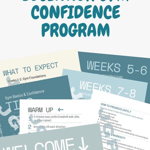 May include: A teal-colored document titled "BEGINNER GYM CONFIDENCE PROGRAM" with several informational sheets. The sheets include titles like "WHAT TO EXPECT" and "WEEKS 5-6", with instructions for gym basics and warm-up exercises.
