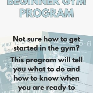 Puede incluir: Una guía del programa de gimnasio para principiantes con el texto "Programa de gimnasio para principiantes". La guía incluye texto que dice "¿No estás seguro de cómo empezar en el gimnasio?" y "Este programa te dirá qué hacer y cómo saber cuándo estás listo para progresar."