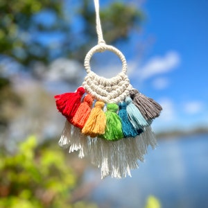 small rainbow macrame dreamcatcher | macrame car charm