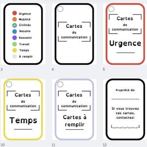 May include: A set of communication cards with various colored borders and text. The cards feature words like "Urgence," "Temps," and "Cartes à remplir." Each card has a white background with black text and a small circle at the top.