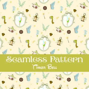 May include: A seamless pattern on a pale yellow background featuring illustrations of Tinker Bell in oval frames, blue butterflies, brown acorns, lanterns, gears, wands, and small flowers. The text Seamless Pattern Tinker Bell is centered.