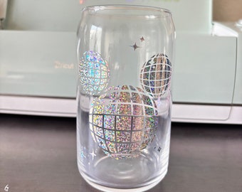 Disco Mickey Mouse Glass Can Cup | Customizable Sparkle Mickey Beer Can Glass | Disney Coffee Water Cup With Glass Straw & Bamboo Lid