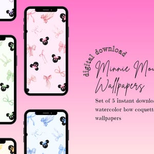 Minnie Mouse Coquette Phone Wallpapers | Instant Download Watercolor Disney Photos | Digital Download iPhone Android Wallpaper | Bow Art