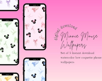 Minnie Maus Aquarell Schleife Handy-Hintergründe | Süß Coquette Disney iPhone Android Lockschirm (Digitaler Download)