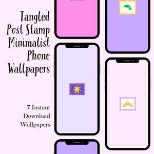 May include: A digital art image featuring seven smartphone mockups with minimalist phone wallpapers. Each phone displays a different design, including a sun, a chameleon, and a crown, resembling postage stamps. The text "Tangled Post Stamp Minimalist Phone Wallpapers" is also visible.