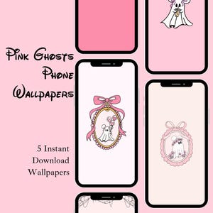 May include: Digital phone wallpapers featuring cartoon ghosts in pink settings. The text reads Pink Ghosts Phone Wallpapers and 5 Instant Download Wallpapers. The designs include ghosts with bows, floral crowns, and balloons inside oval frames.