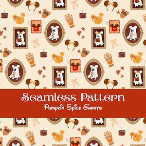 Può includere: Un motivo continuo su sfondo beige chiaro con illustrazioni ripetute di fantasmi in lenzuola bianche, zucche arancioni, cerchietti con orecchie da topo marroni, tazze di caffè, candele e ritratti incorniciati con il testo Pumpkin Spice Ghosts.