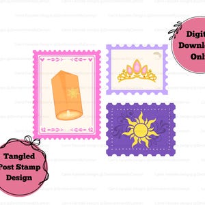 May include: A digital download design featuring three postage stamp illustrations with a Tangled theme. The stamps include an orange lantern, a gold and pink tiara, and a yellow sun design on a purple background. The text "Digital Download Only" is also included.