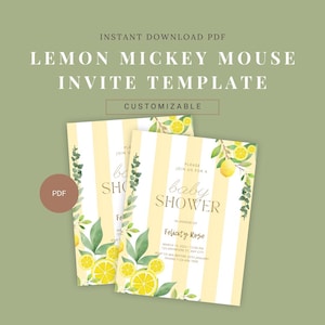 May include: Lemon Mickey Mouse baby shower invitation template. The design features a yellow and white striped background with lemon and greenery accents. The invitation includes the text "baby shower" and customizable details.