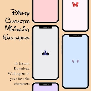 May include: A selection of minimalist Disney character wallpapers for smartphones. The image displays several phone screens with simple character-themed designs, including a red bow, a wizard hat, and mouse ears. Text on the left reads "Disney Character Minimalist Wallpapers."