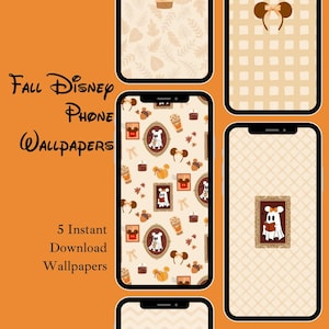 May include: Digital phone wallpapers featuring fall-themed patterns with ghost characters, pumpkins, coffee cups, and mouse ear headbands in shades of beige, brown, and orange. The text reads Fall Disney Phone Wallpapers and 5 Instant Download Wallpapers.