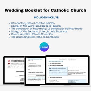 Op de afbeelding: Een trouwboekje voor de katholieke kerk, met een teal en blauw Canva-logo. Het boekje bevat secties over inleidende riten, liturgie van het woord, de viering van het huwelijk en de communieritus. De tekst is in het Engels en Spaans.