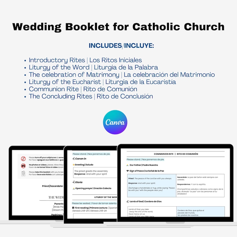 Op de afbeelding: Een trouwboekje voor de katholieke kerk, met een teal en blauw Canva-logo. Het boekje bevat secties over inleidende riten, liturgie van het woord, de viering van het huwelijk en de communieritus. De tekst is in het Engels en Spaans.