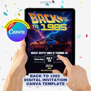 Puede incluir: Una plantilla de invitación digital para una fiesta temática de 1985, con un coche DeLorean y el texto "Back to 1985". La invitación se muestra en una tableta, con el logotipo de Canva y texto que indica que es una plantilla gratuita.