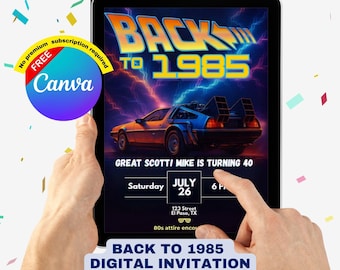 Uitnodiging voor feest retro jaren 80, bewerkbare canvassjabloon, digitale uitnodiging terug naar 1985