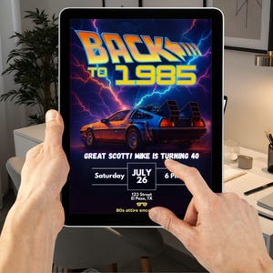 Puede incluir: Una invitación digital con un tema retro, con el texto "BACK TO 1985" en amarillo y naranja. La invitación incluye un gráfico de coche DeLorean y el texto "GREAT SCOTT! MIKE IS TURNING 40". La fecha es el 26 de julio.