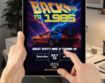 Invitación a fiesta retro de los 80: Plantilla digital editable (Canva, opción de vídeo)