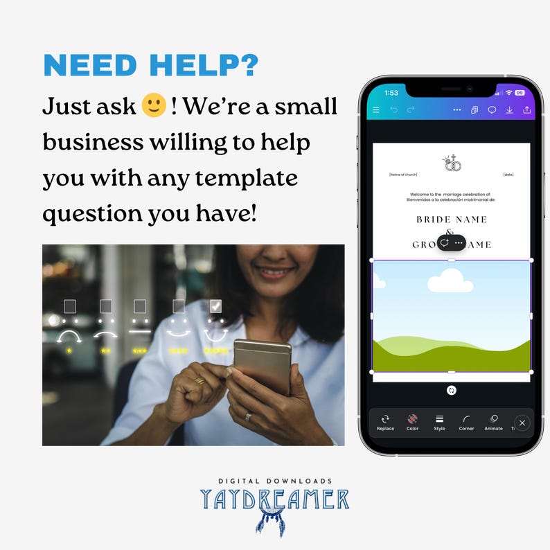 Op de afbeelding: Een smartphone toont een sjabloon voor een huwelijksuitnodiging met velden voor de namen van de bruid en bruidegom. De tekst "NEED HELP?" en "Just ask! We're a small business willing to help you with any template question you have!" zijn zichtbaar.