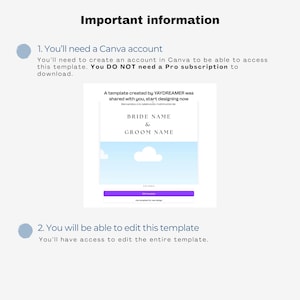 Op de afbeelding: Een digitale huwelijkssjabloon met de tekst "BRIDE NAME & GROOM NAME" op een lichtblauwe achtergrond. De afbeelding bevat ook instructies over het gebruik van een Canva-account om de sjabloon te openen en te bewerken.