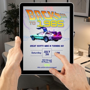 May include: A digital invitation with a retro theme, featuring the text "BACK TO 1985" and a teal and purple DeLorean car. The invitation is for a 40th birthday party on July 26th in El Paso, TX, with 80s attire encouraged.