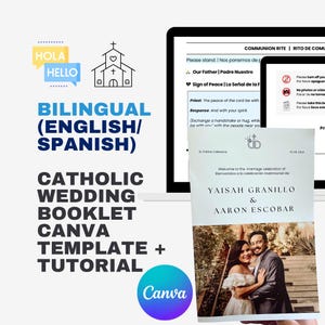 バイリンガルカトリック結婚式ミサプログラムテンプレート | スペイン語・英語式典冊子Canva | メキシコ式カトリック教会結婚式プログラム