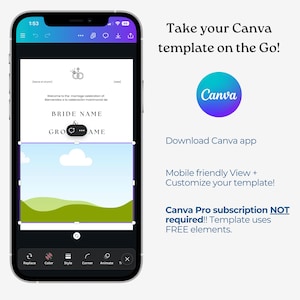 Op de afbeelding: Een smartphone toont een sjabloon voor een huwelijksuitnodiging in de Canva-app. De uitnodiging bevat tekstvelden voor de namen van de bruid en bruidegom, en een landschapsafbeelding. Het Canva-logo en de tekst "Take your Canva template on the Go!" zijn ook zichtbaar.