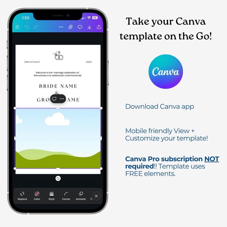 Op de afbeelding: Een smartphone toont een sjabloon voor een huwelijksuitnodiging in de Canva-app. De uitnodiging bevat tekstvelden voor de namen van de bruid en bruidegom, en een landschapsafbeelding. Het Canva-logo en de tekst "Take your Canva template on the Go!" zijn ook zichtbaar.