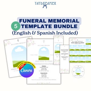 Puede incluir: Un paquete de cinco plantillas de memoriales funerarios, que incluyen versiones en inglés y español. Los diseños presentan una cruz, detalles florales y un paisaje. También se ve el logotipo de Canva.
