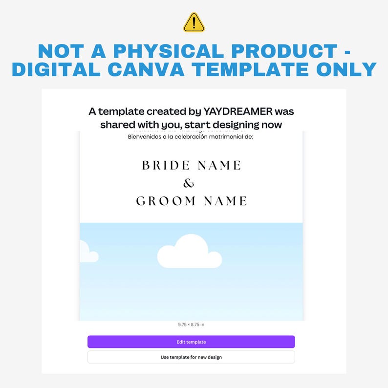 Op de afbeelding: Digitale Canva-sjabloon voor een huwelijksuitnodiging. Het ontwerp bevat de tekst "BRIDE NAME & GROOM NAME" en "Bienvenidos a la celebraci&oacute;n matrimonial de:" De sjabloon is 14.6 - 22.2 cm groot. De tekst "NOT A PHYSICAL PRODUCT - DIGITAL CANVA TEMPLATE ONLY" staat bovenaan.