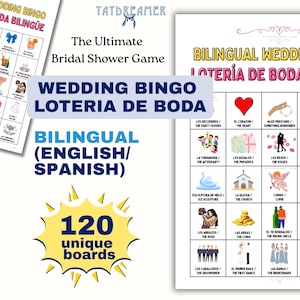 Bridal Shower Game for Bilingual Wedding - Wedding Bingo Bilingual Loteria Instant Download, 120 Printable Boards for Hispanic Bridal Shower