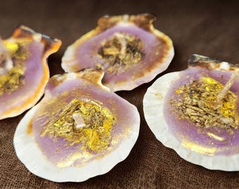 Juego de velas de soja con forma de concha marina, purpurina dorada morada, Altar de Afrodita