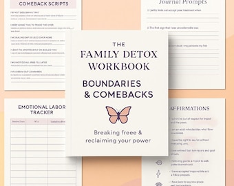May include: A pink and purple butterfly graphic with the text "The Family Detox Workbook: Boundaries & Comebacks" in black text. The text "Breaking free & reclaiming your power" is below the butterfly. The image also includes a pink and purple flower graphic, a pink and purple lips graphic, and a pink and purple lightning bolt graphic.