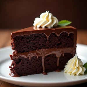 以下が含まれることがあります： チョコレートケーキの1切れ。チョコレートのフロスティングとホイップクリームがトッピングされています。ケーキは白いお皿に乗っています。