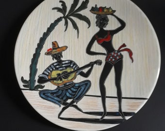 Vintage Retro Beautiful wall plate. Made in Italy, motif South American  Musician Dancer