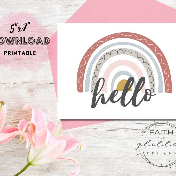 Hello Instant Download Card, all occasion card, Rainbow Hello for family, friends, and more, Instant digital card