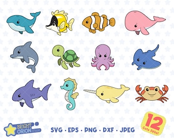 Paquete Svg de criaturas marinas, Animal oceánico Png, Ballena, Pez, Delfín, Tortuga, Pulpo, Rayo, Tiburón, Caballito de Mar, Narval, Cangrejo, Vector, Cricut, Eps
