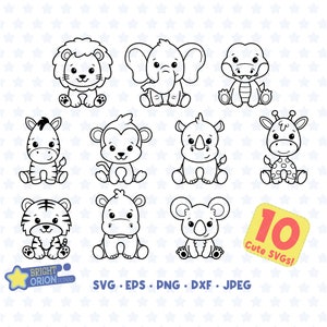 Safari Animals Outline SVG Bundle, Cute Animal Svg, Jungle Animal Svg, Zoo Animal Svg, Baby Shower Designs Svg, Nursery Designs Svg, Cricut