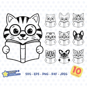 Cute Cat Reading Books Outline Svg Bundle, Kitten Png, Kawaii Animal Jpeg, Pet Eps, Peeking Face Cut File, Cricut, Silhouette, Vector, Dxf