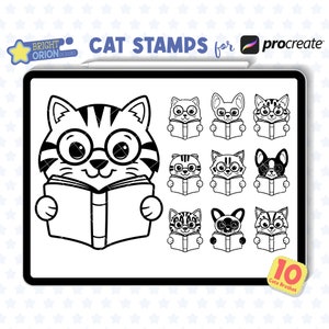 Cute Cat with Books Procreate Stamps, Procreate Animal Stamps, Kitten Reading Books Procreate Stamps, Procreate Kawaii Cat Stamps, Brush Set