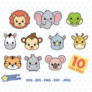 Safari Animals Faces SVG Bundle, Cute Animal Heads Svg, Jungle Animal Svg, Zoo Animal Svg, Baby Shower Designs Svg, Nursery Designs Svg, Png