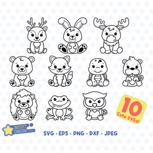 Animaux des bois contour SVG Bundle, mignon bébé animaux Png, renard, hérisson, lapin, hibou, castor, orignal, ours, grenouille, cerf, tortue, Cricut, Dxf