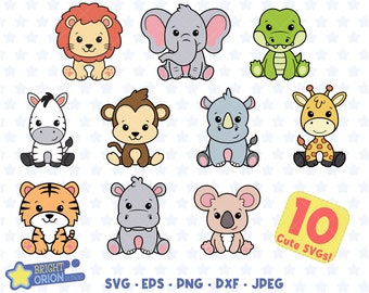 Paquete SVG de animales de safari, SVG de animales lindos, SVG de animales de la jungla, SVG de animales del zoológico, SVG de diseños de baby shower, SVG de diseños de guardería, Cricut, Cutfile