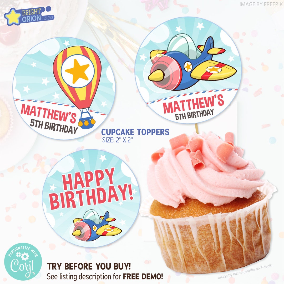 Airplane Editable Birthday Party Cupcake Topper Templates, Custom