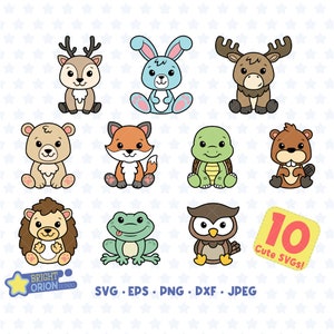 Woodland Animals SVG Bundle, Cute Baby Animals Png, Fox, Hedgehog, Rabbit, Owl, Beaver, Moose, Bear, Frog, Deer, Turtle, Cricut, Cut File