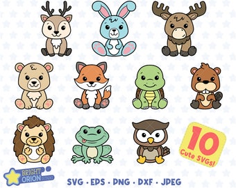 Paquete SVG de animales del bosque, lindos animales bebés en formato PNG, zorro, erizo, conejo, búho, castor, alce, oso, rana, ciervo, tortuga, Cricut, archivo de corte