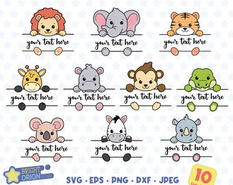 Animaux de safari mignons Split monogramme Svg, rhinocéros, hippopotame, girafe, koala, zèbre, alligator, singe, éléphant, tigre, lion, Cricut, Silhouette